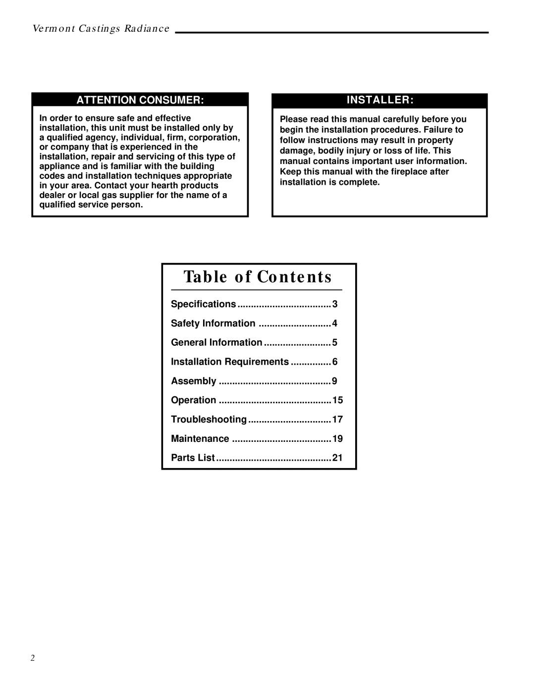 Vermont Casting RUVS40 manual Table of Contents 