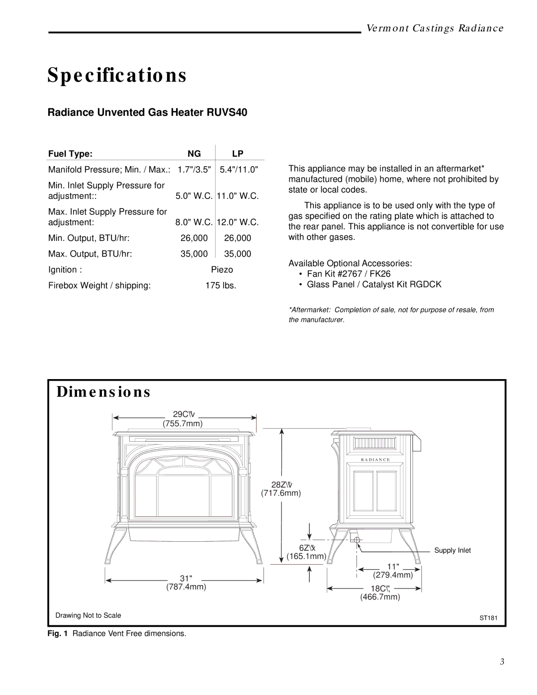 Vermont Casting manual Specifications, Radiance Unvented Gas Heater RUVS40, Fuel Type 