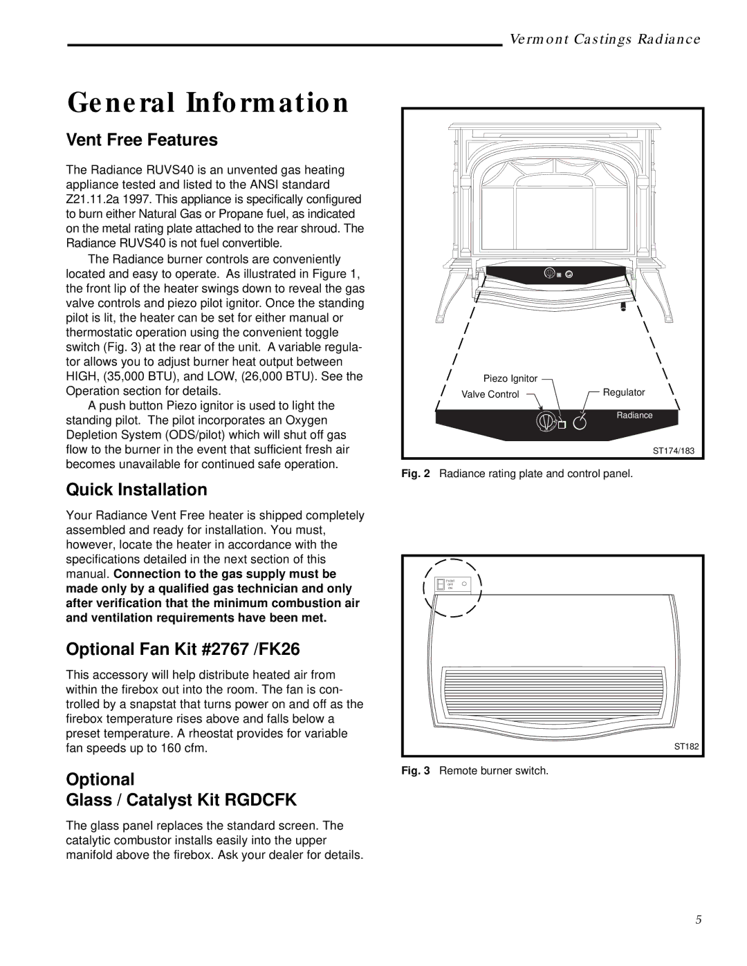 Vermont Casting RUVS40 manual General Information, Vent Free Features, Quick Installation, Optional Fan Kit #2767 /FK26 