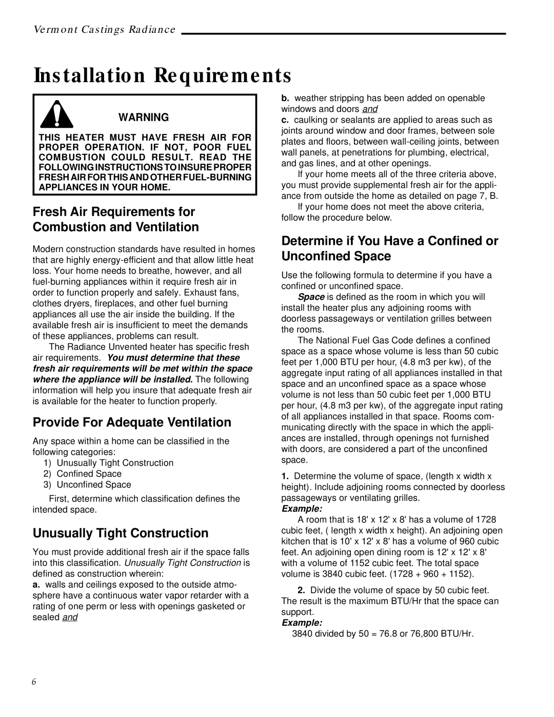 Vermont Casting RUVS40 manual Installation Requirements, Fresh Air Requirements for Combustion and Ventilation 