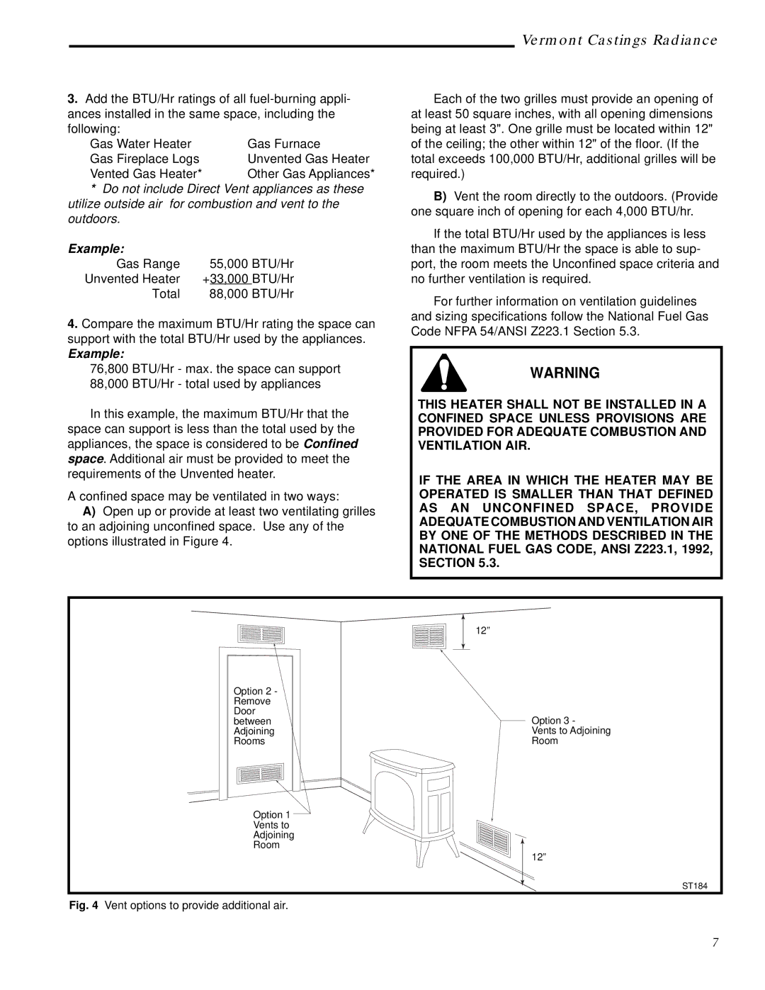 Vermont Casting RUVS40 manual Vent options to provide additional air 