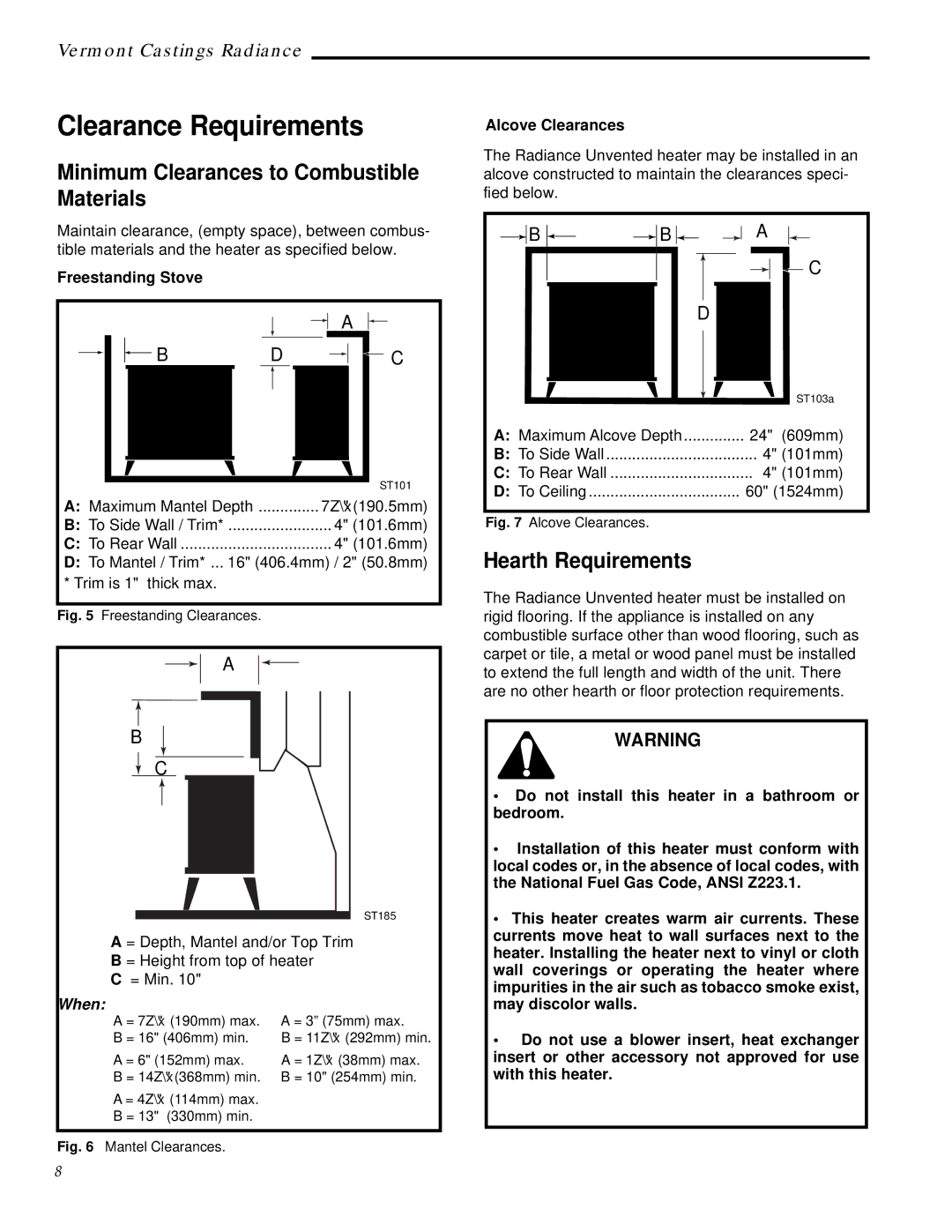 Vermont Casting RUVS40 manual Minimum Clearances to Combustible Materials, Hearth Requirements, Freestanding Stove 