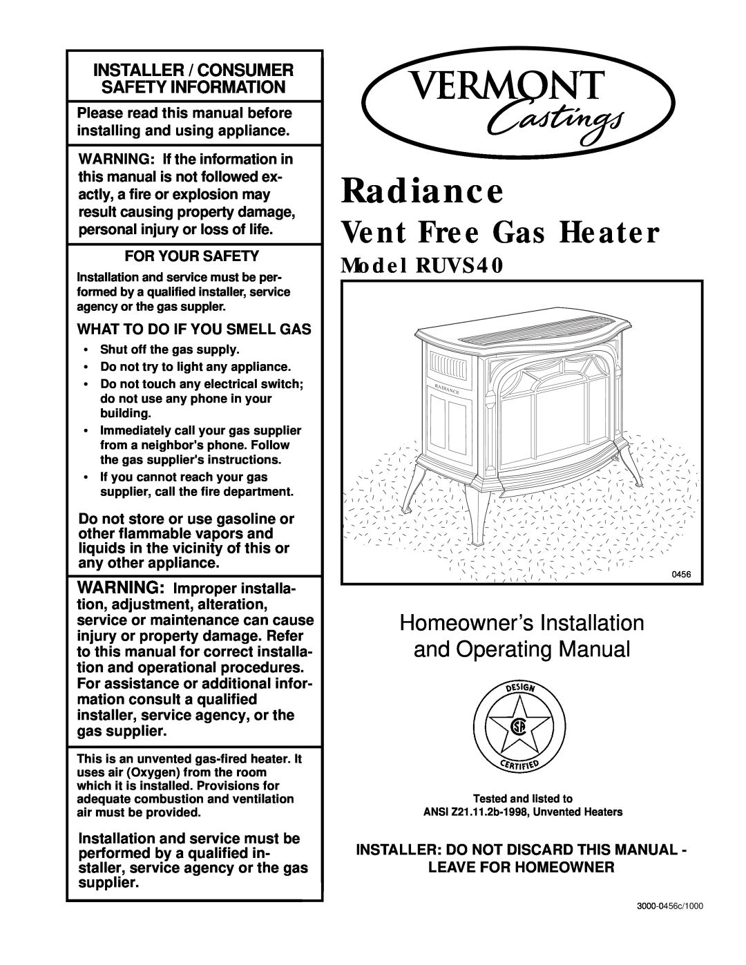 Vermont Casting manual Model RUVS40, Radiance, Vent Free Gas Heater, Homeowner’s Installation and Operating Manual 