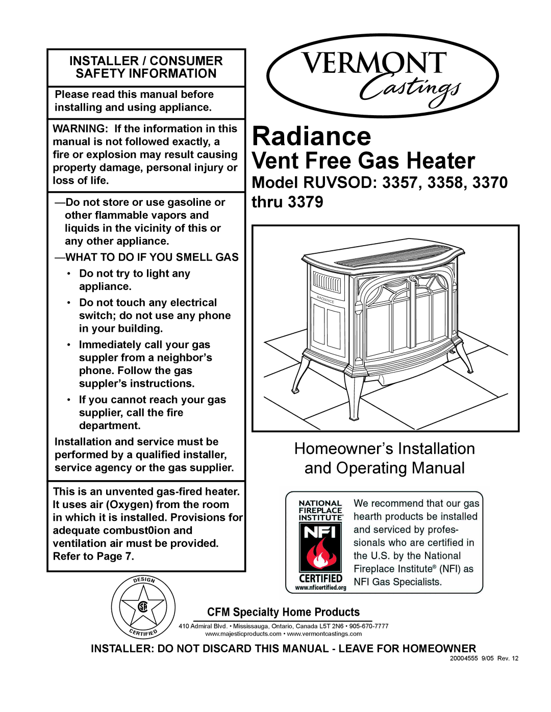 Vermont Casting thru 3379, RUVSOD: 3357, 3370, 3358 manual Radiance 