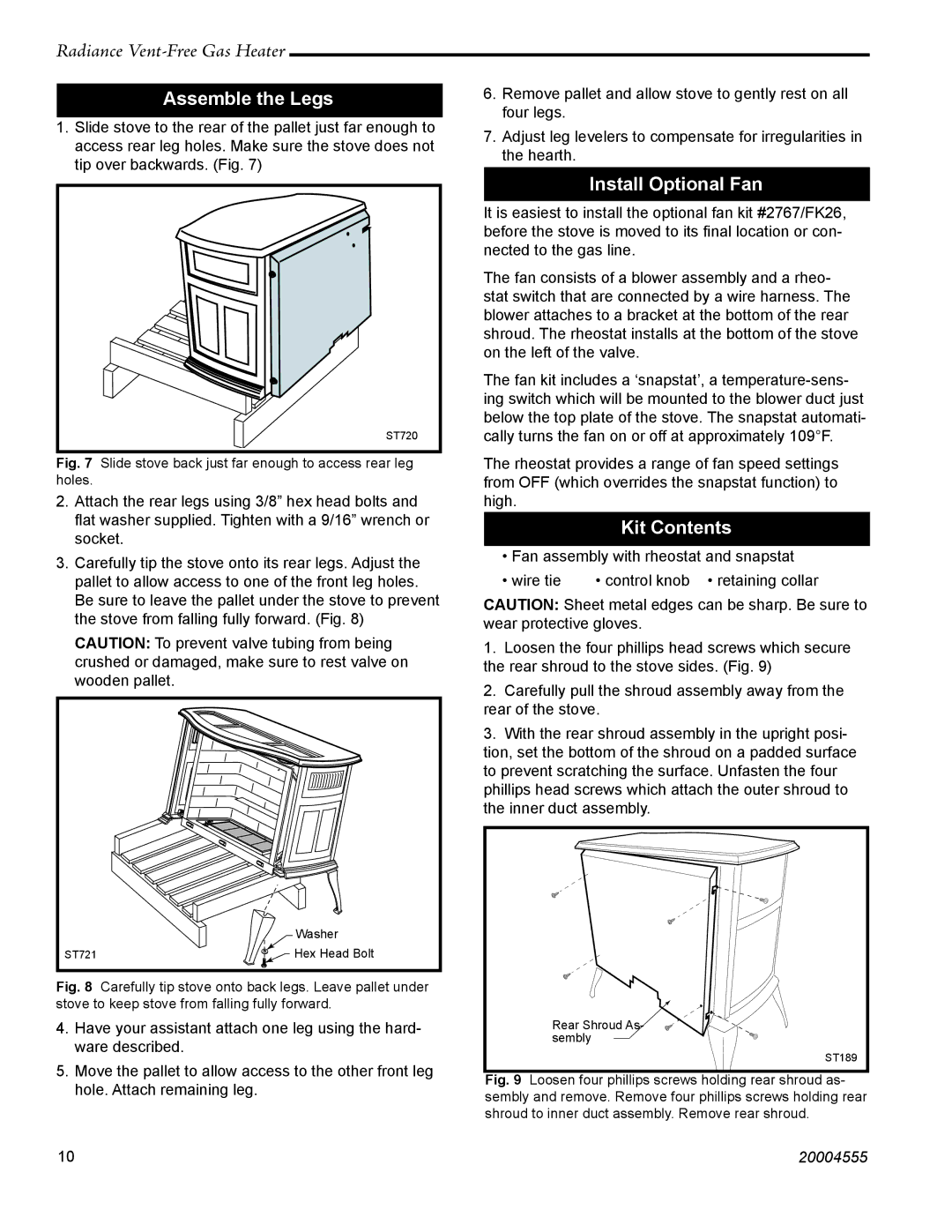 Vermont Casting 3370, RUVSOD: 3357, thru 3379, 3358 manual Assemble the Legs, Install Optional Fan, Kit Contents 