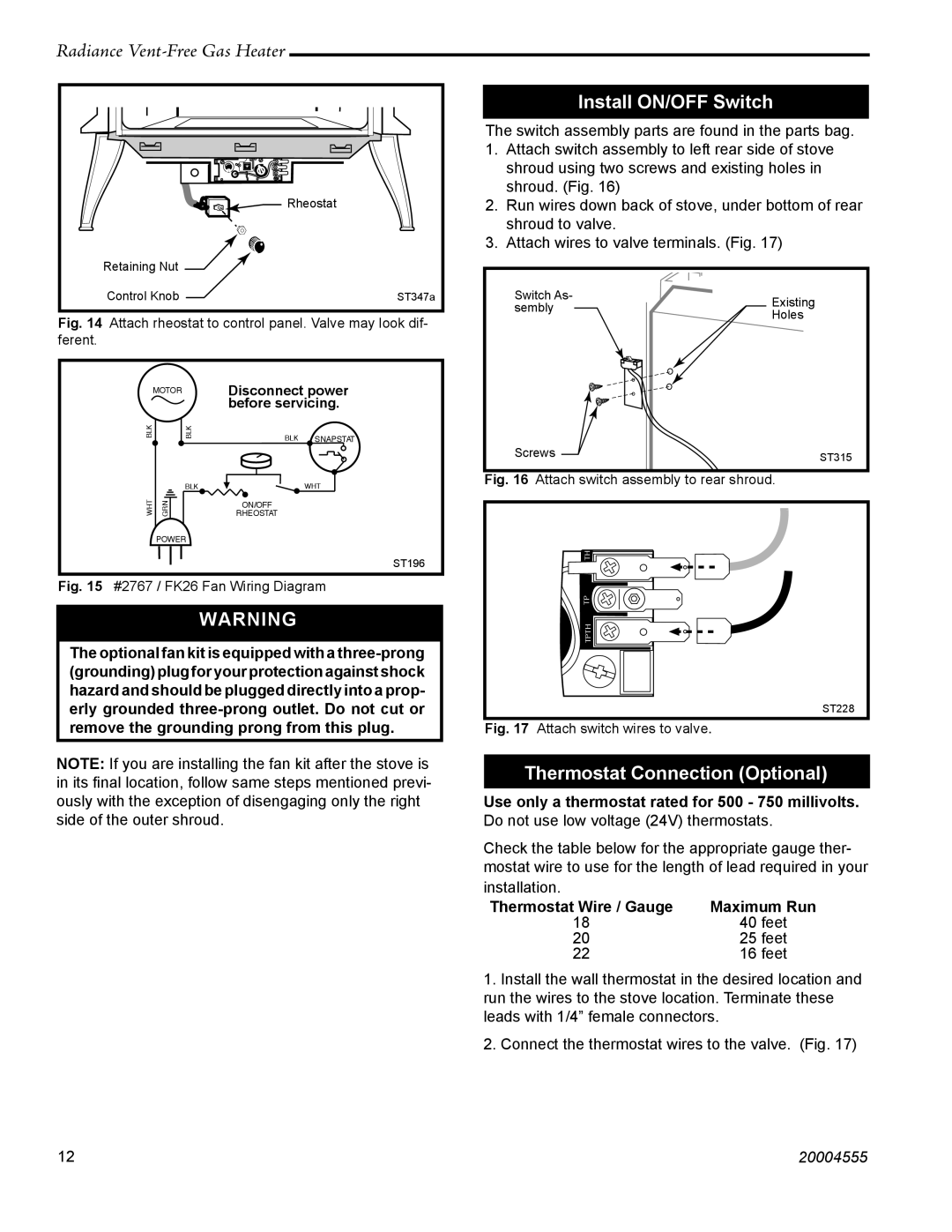 Vermont Casting RUVSOD: 3357, thru 3379, 3370, 3358 manual Install ON/OFF Switch, Thermostat Connection Optional 