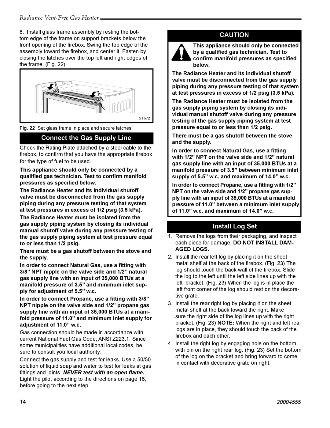 Vermont Casting 3370, RUVSOD: 3357, thru 3379, 3358 manual Connect the Gas Supply Line, Install Log Set, Aged Logs 