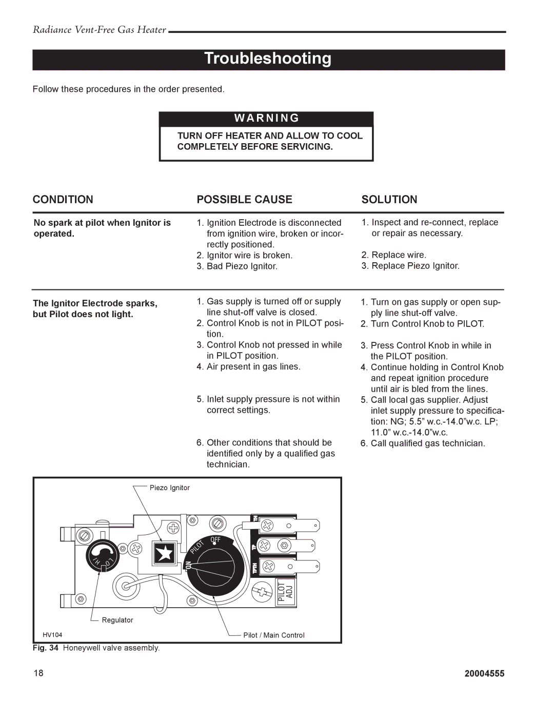 Vermont Casting 3370, RUVSOD: 3357, thru 3379, 3358 manual Troubleshooting, No spark at pilot when Ignitor is operated 