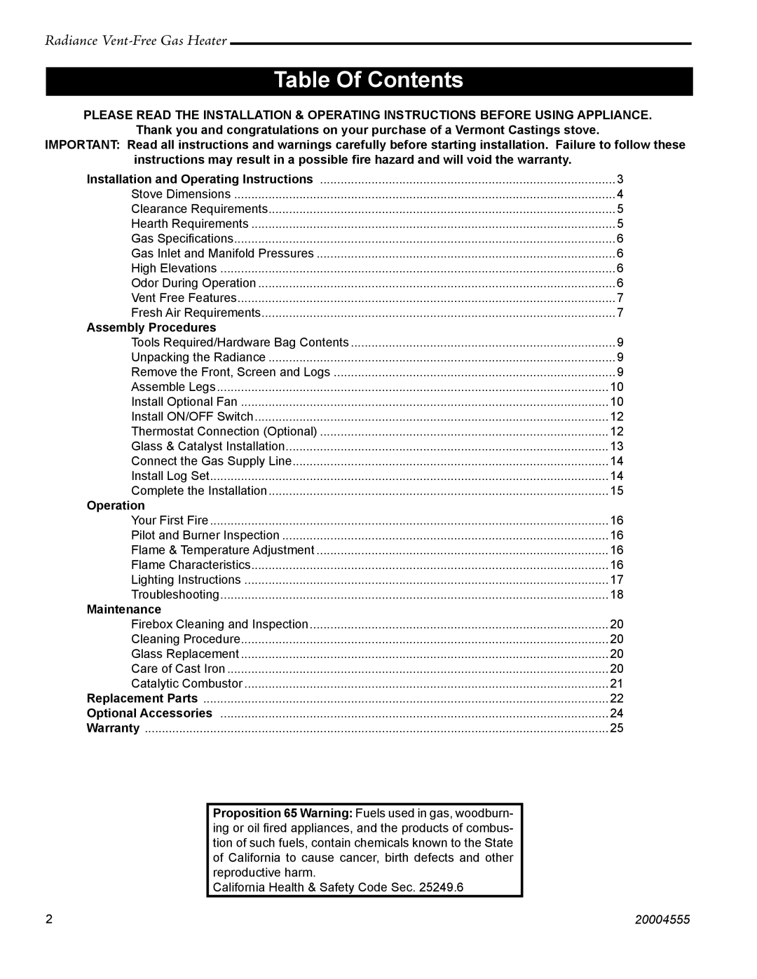 Vermont Casting 3370, RUVSOD: 3357, thru 3379, 3358 manual Table Of Contents 