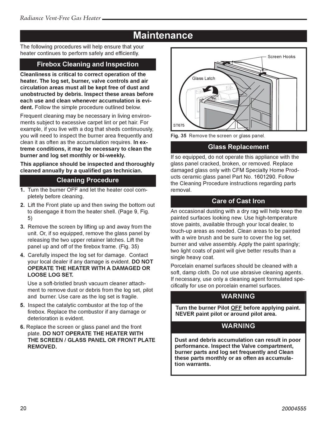 Vermont Casting RUVSOD: 3357, 3370 Maintenance, Firebox Cleaning and Inspection, Cleaning Procedure, Glass Replacement 