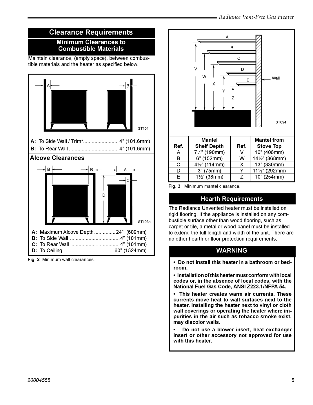 Vermont Casting thru 3379, 3370 Minimum Clearances to Combustible Materials, Hearth Requirements, Mantel from, Shelf Depth 