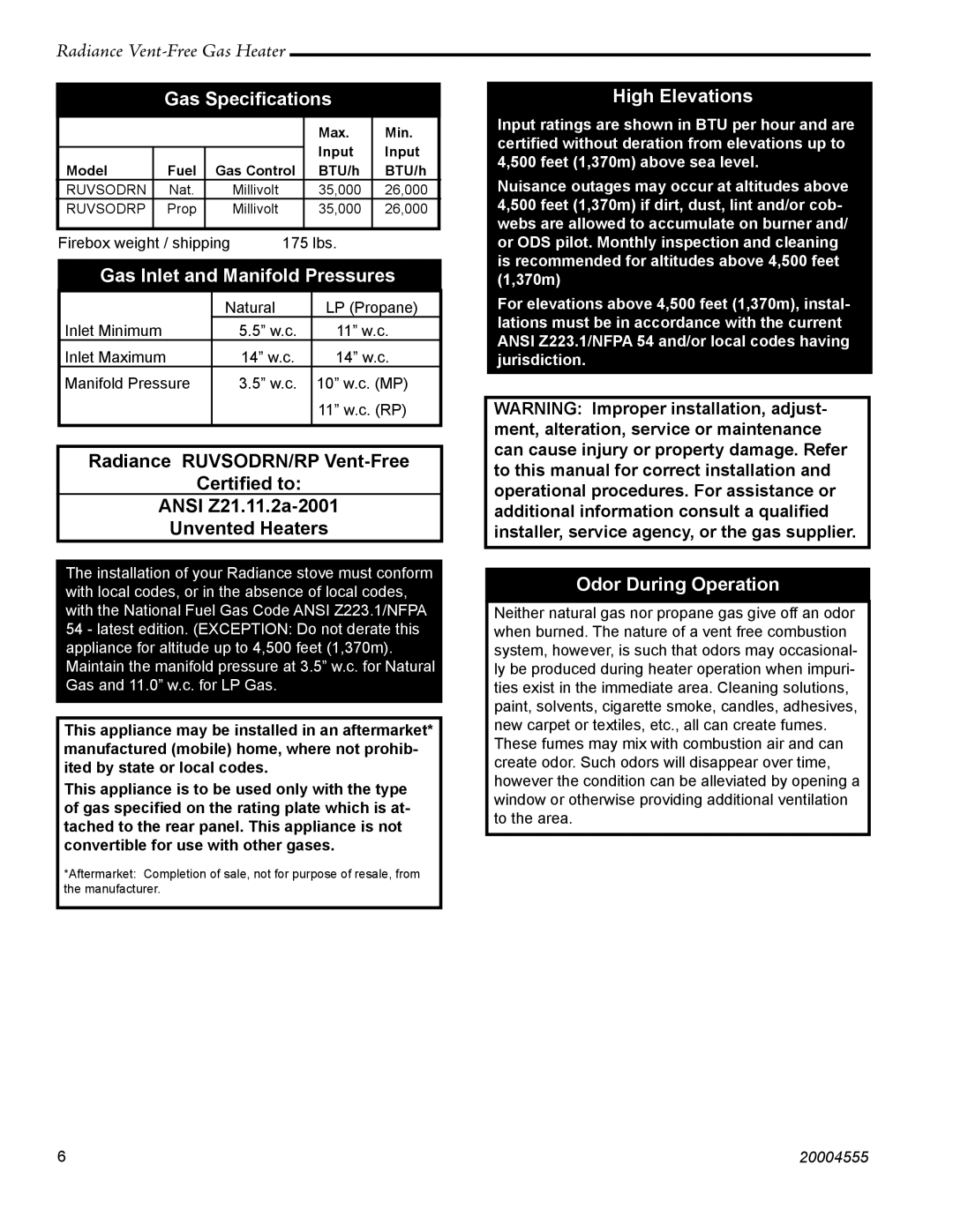 Vermont Casting 3370, 3358 Gas Speciﬁcations, Gas Inlet and Manifold Pressures, High Elevations, Odor During Operation 