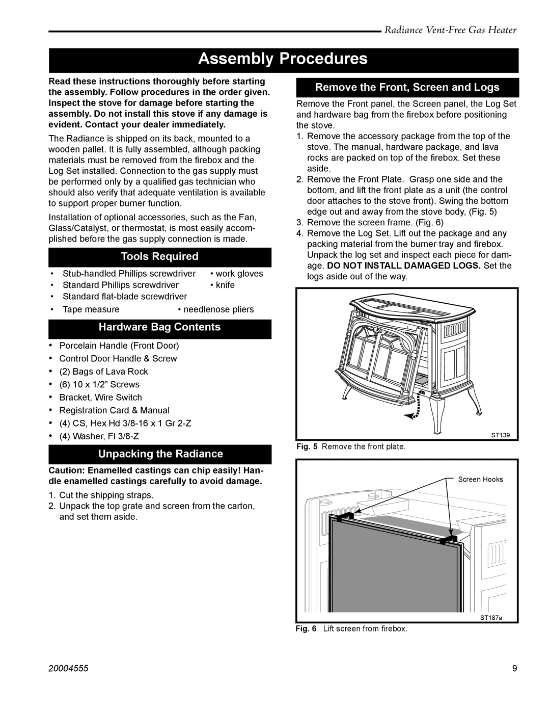 Vermont Casting thru 3379, RUVSOD: 3357 Assembly Procedures, Tools Required, Hardware Bag Contents, Unpacking the Radiance 