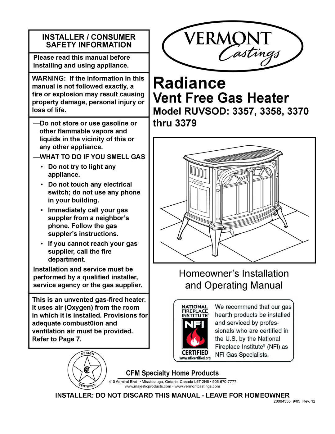 Vermont Casting thru 3379, RUVSOD: 3357 manual Model RUVSOD 3357, 3358, 3370 thru, CFM Specialty Home Products, Radiance 