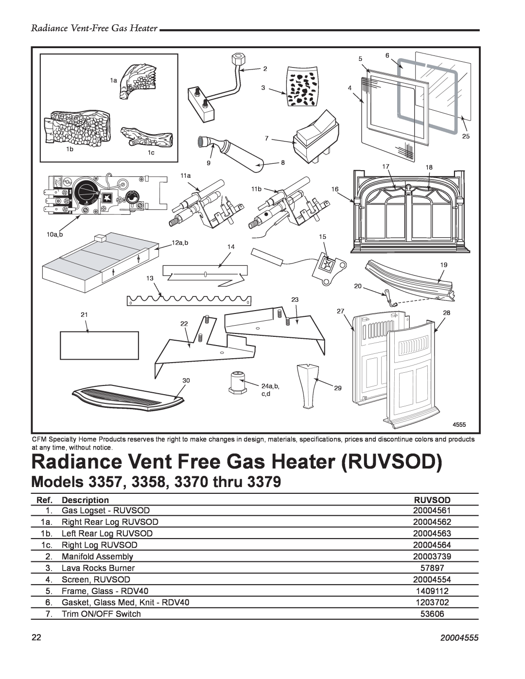 Vermont Casting manual Models 3357, 3358, 3370 thru, Radiance Vent Free Gas Heater RUVSOD, Radiance Vent-FreeGas Heater 