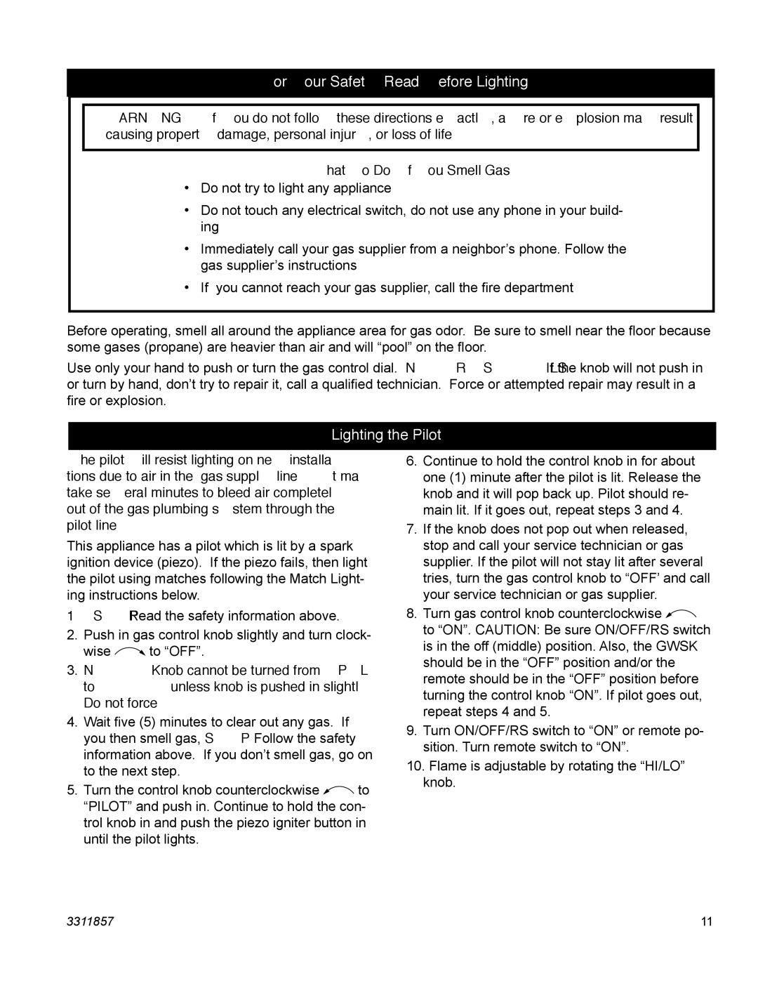 Vermont Casting SA30SKHRN, SA24SKHRN For Your Safety Read Before Lighting, Lighting the Pilot, What To Do If You Smell Gas 