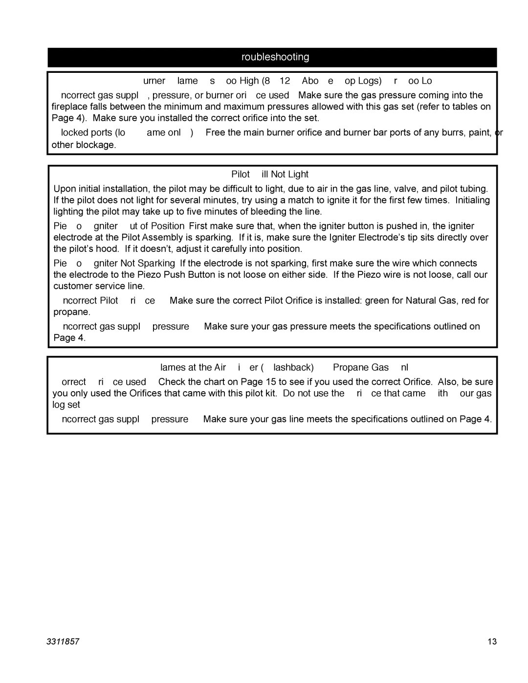 Vermont Casting SA24SHKRP, SA24SKHRN manual Burner Flame Is Too High 8-12 Above Top Logs Or Too Low, Pilot Will Not Light 