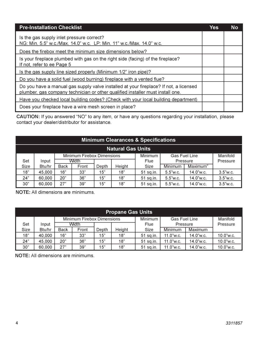 Vermont Casting SA30SKHRP, SA24SKHRN Pre-Installation Checklist Yes, Minimum Clearances & Speciﬁcations Natural Gas Units 