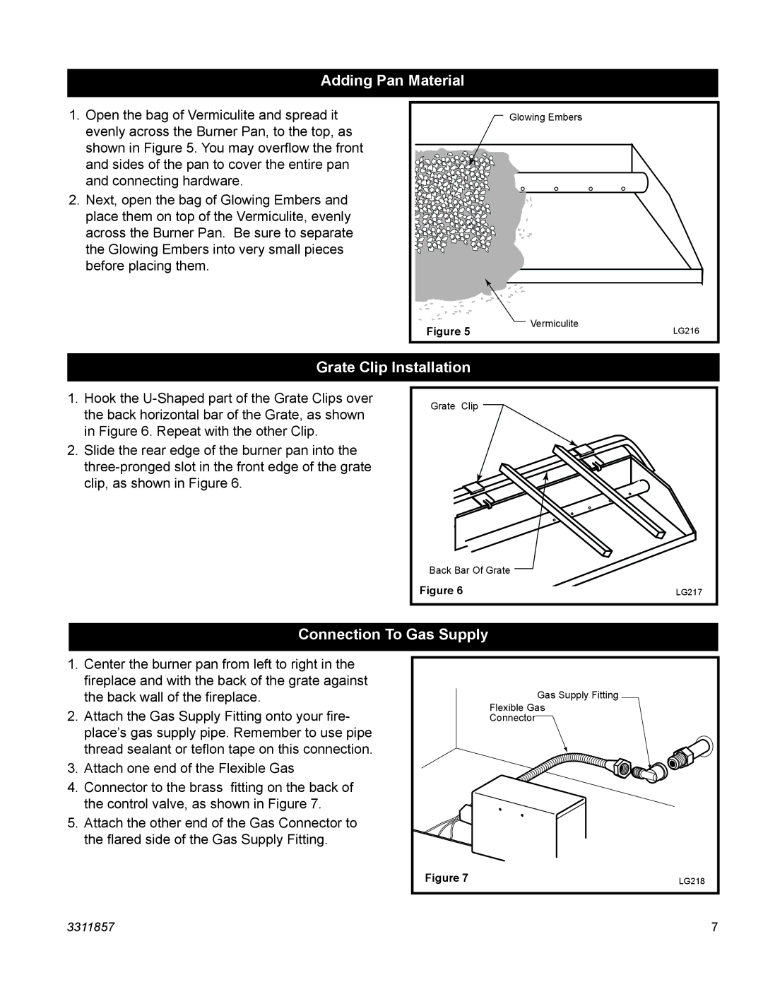 Vermont Casting SA24SHKRP, SA24SKHRN, SA18SHKRP manual Adding Pan Material, Grate Clip Installation, Connection To Gas Supply 