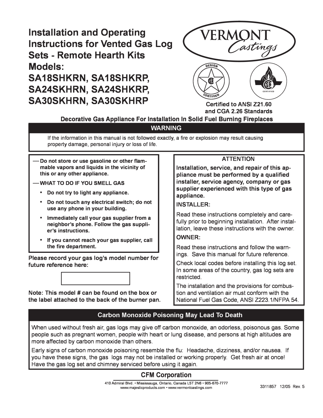 Vermont Casting SA24SHKRP, SA24SKHRN, SA18SHKRP manual CFM Corporation, Carbon Monoxide Poisoning May Lead To Death 