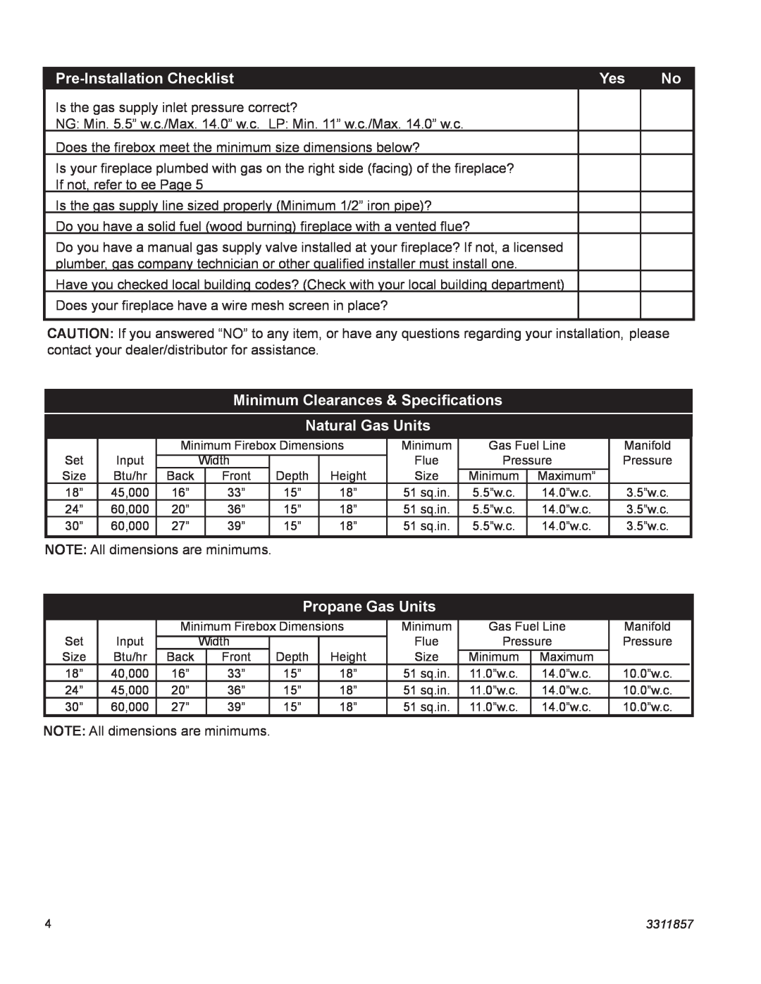 Vermont Casting SA30SKHRP, SA24SKHRN manual Pre-InstallationChecklist, Minimum Clearances & Speciﬁcations, Natural Gas Units 