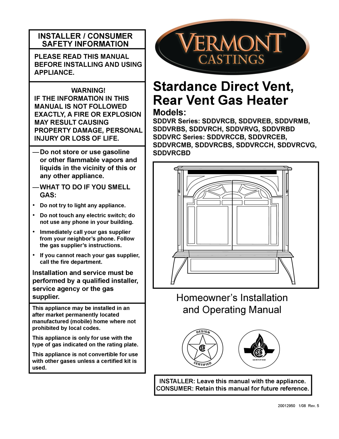 Vermont Casting SDDVRCB manual Please Read This Manual Before Installing And Using Appliance, What To Do If You Smell Gas 