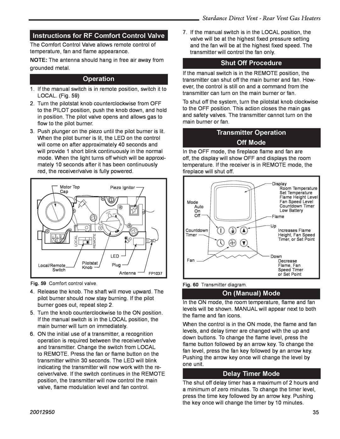 Vermont Casting SDDVRCBD, SDDVREB Instructions for RF Comfort Control Valve, Operation, Shut Off Procedure, On Manual Mode 