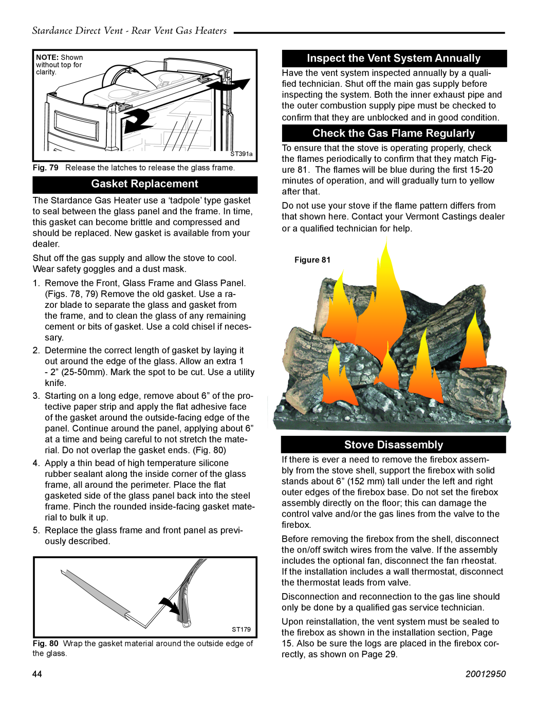 Vermont Casting SDDVRCCH Gasket Replacement, Inspect the Vent System Annually, Check the Gas Flame Regularly, 20012950 