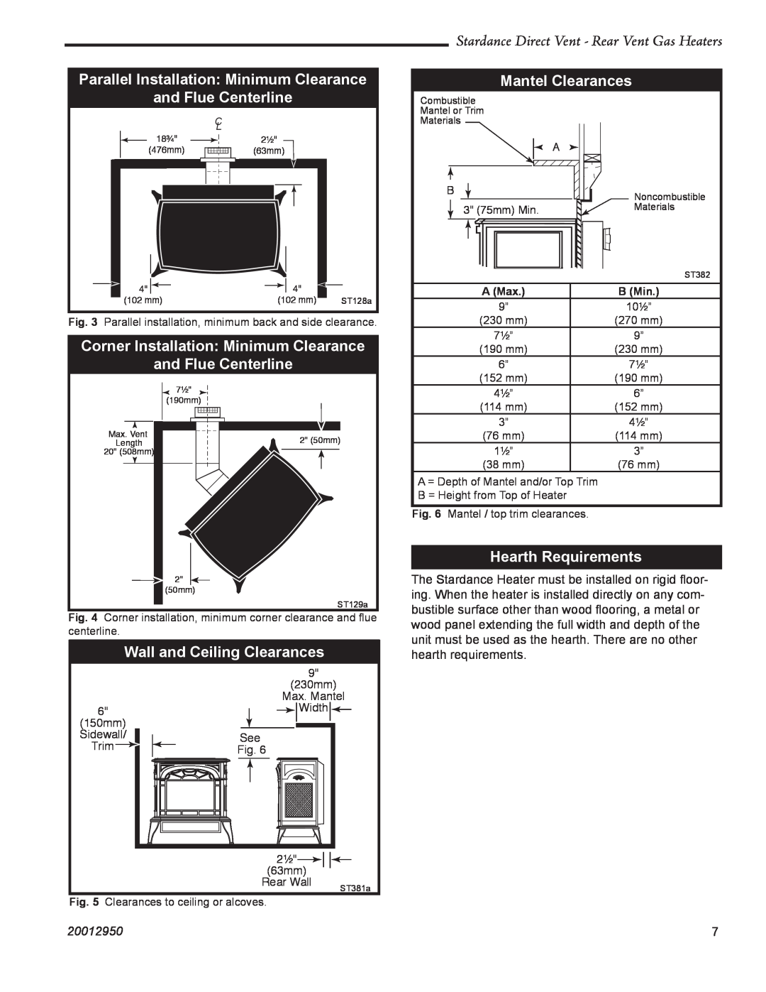 Vermont Casting SDDVRCBD manual Parallel Installation Minimum Clearance, Mantel Clearances, and Flue Centerline, 20012950 