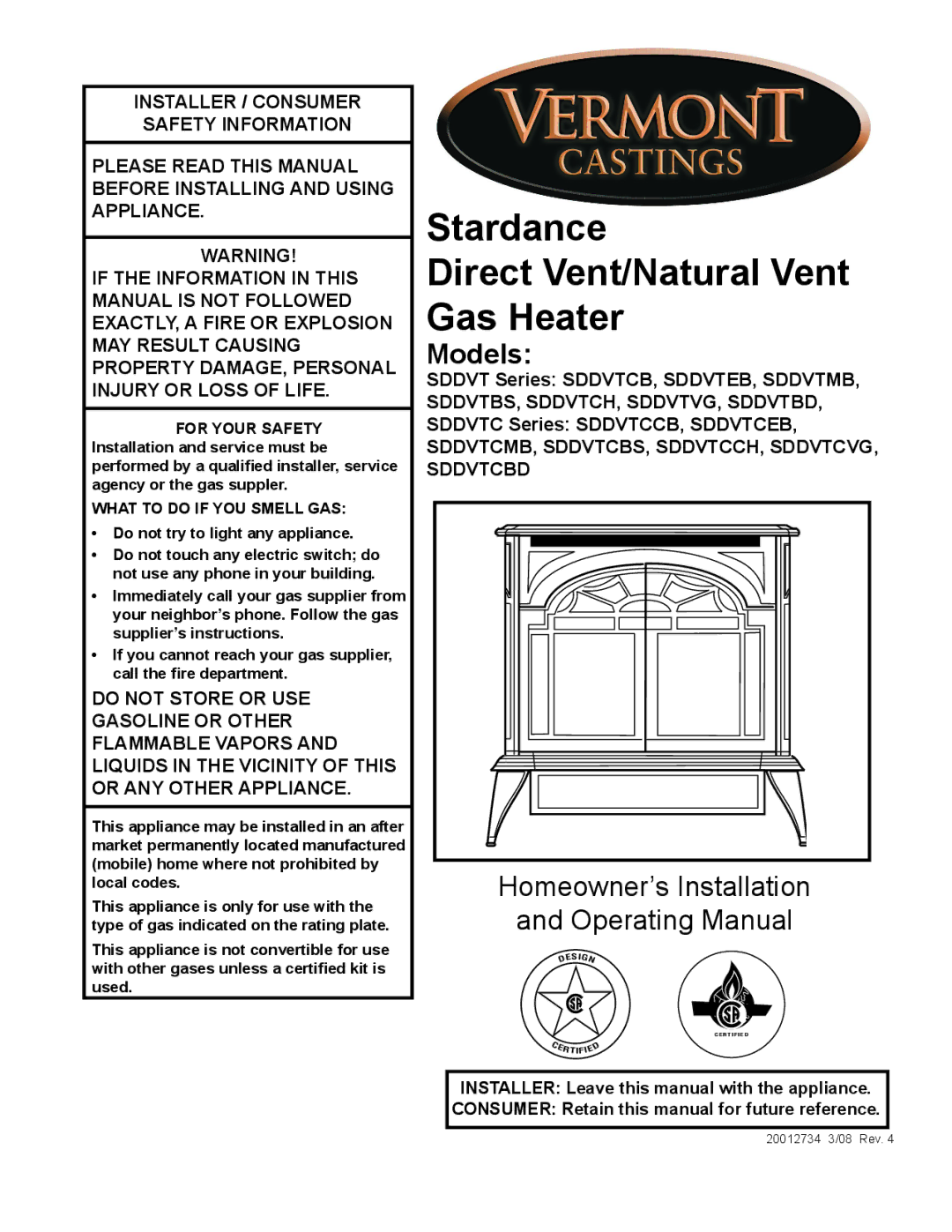 Vermont Casting SDDVT manual Stardance Direct Vent/Natural Vent Gas Heater 