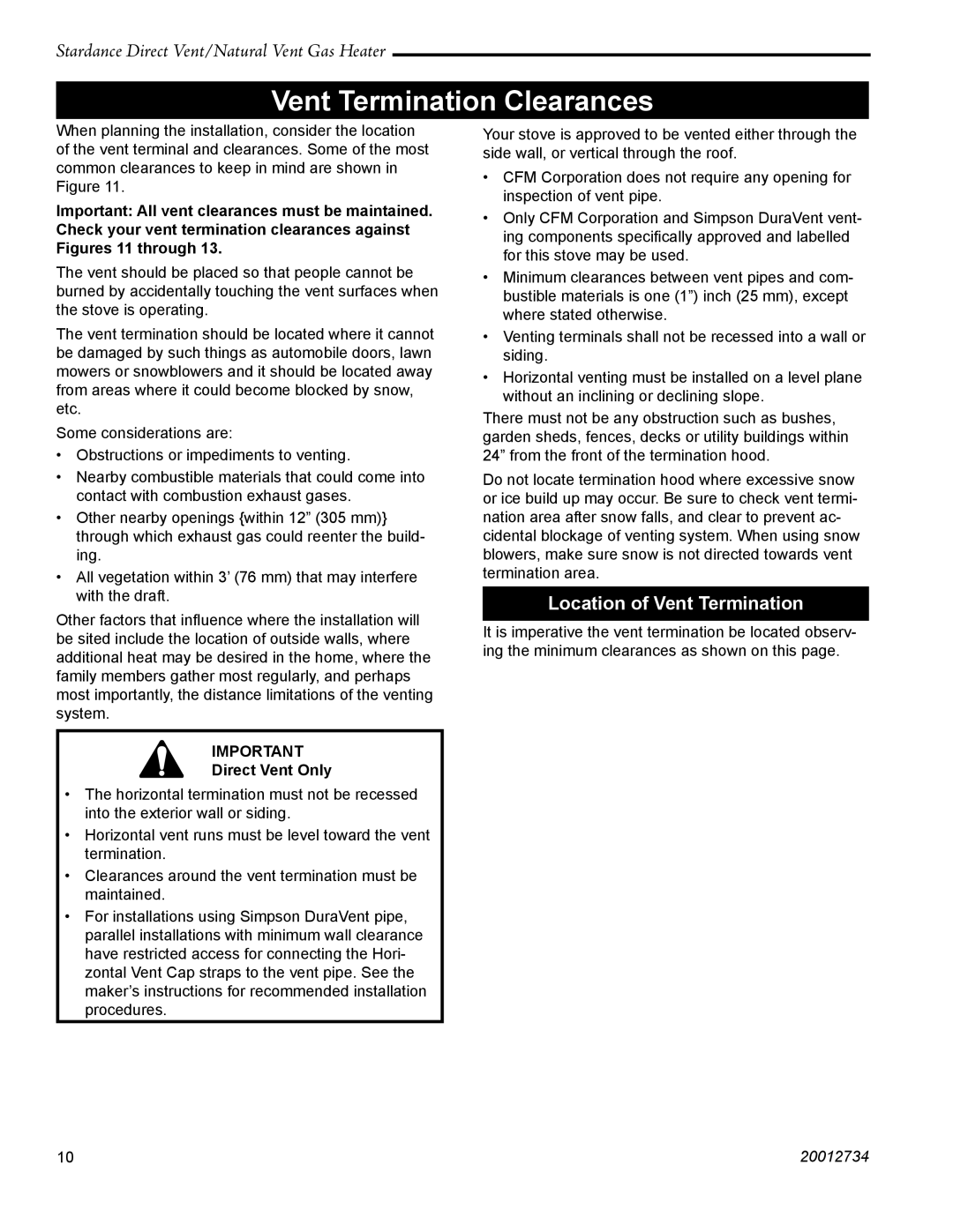 Vermont Casting SDDVT manual Vent Termination Clearances, Location of Vent Termination, Direct Vent Only 