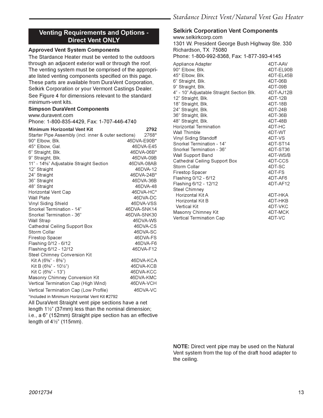 Vermont Casting SDDVT manual Venting Requirements and Options Direct Vent only, Approved Vent System Components 