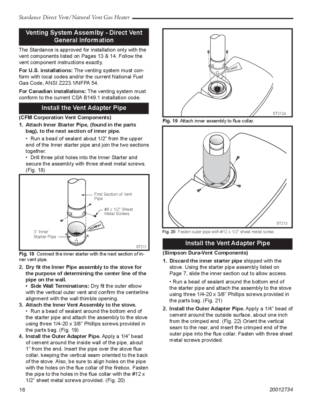 Vermont Casting SDDVT manual Venting System Assemlby Direct Vent General Information, Install the Vent Adapter Pipe 