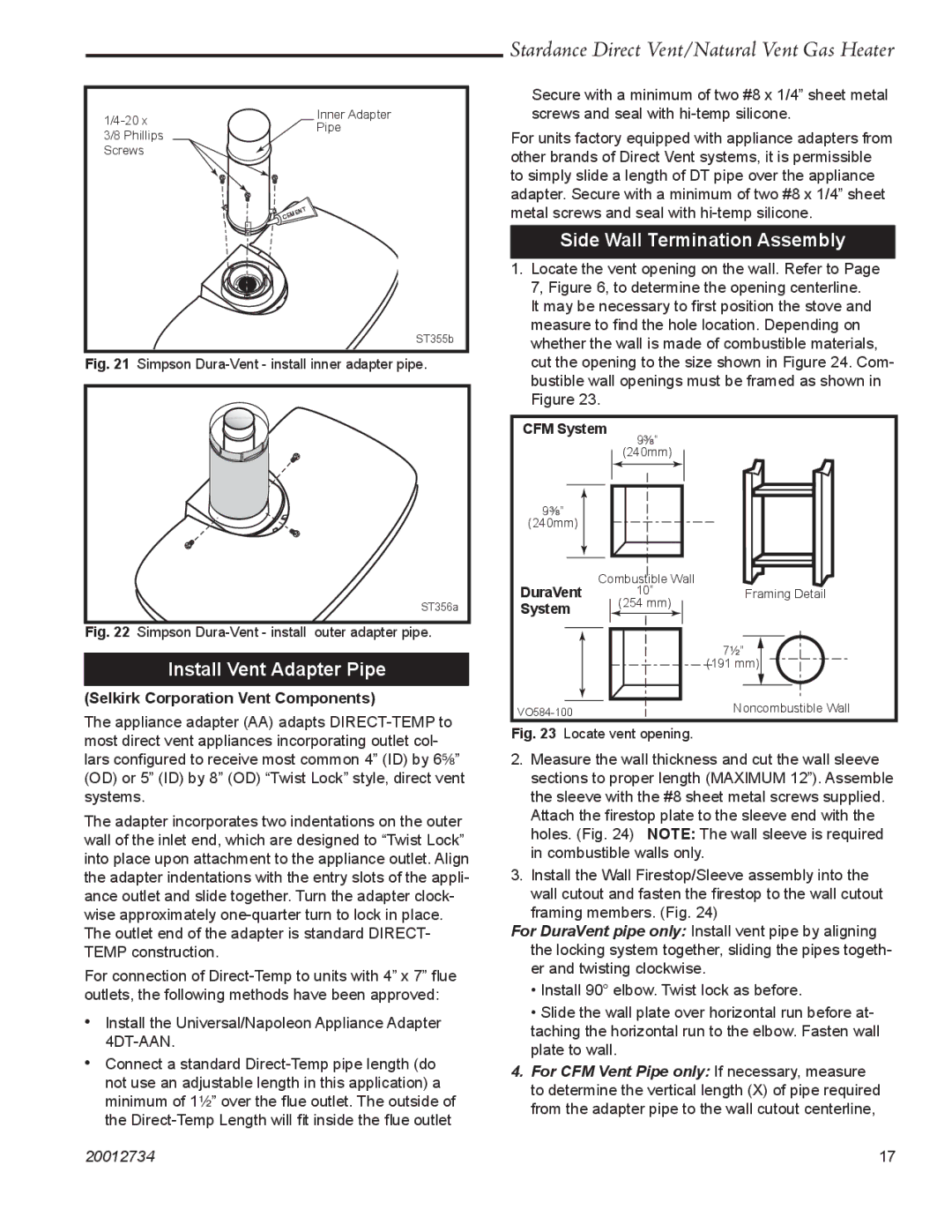 Vermont Casting SDDVT manual Install Vent Adapter Pipe, Side Wall Termination Assembly, Selkirk Corporation Vent Components 