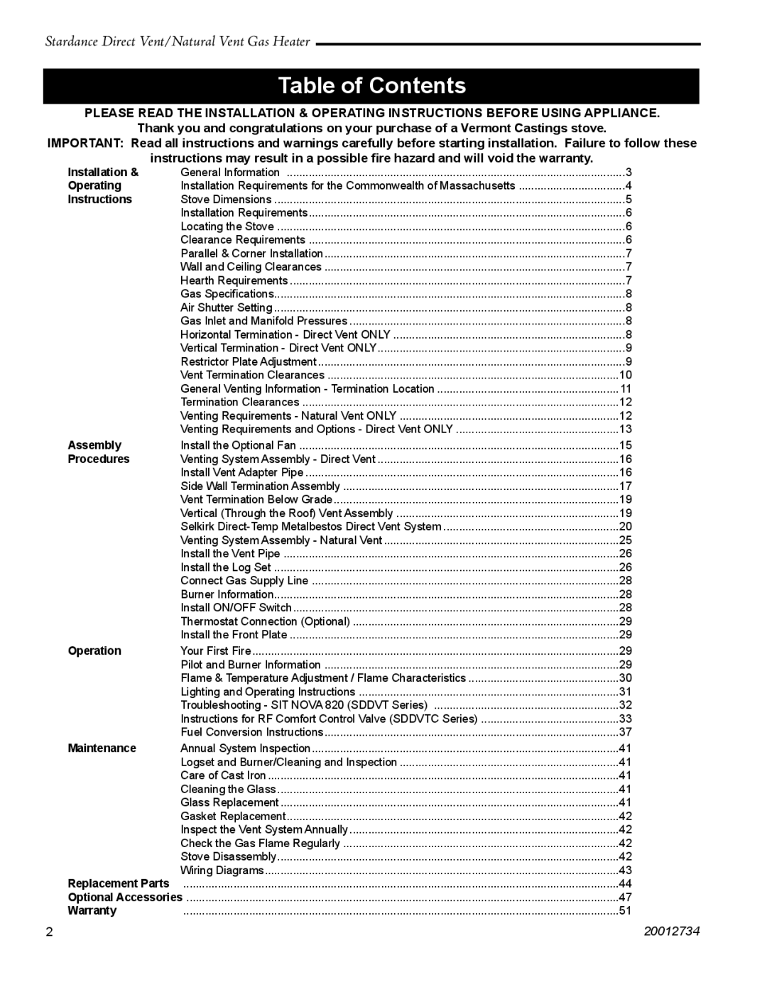 Vermont Casting SDDVT manual Table of Contents 