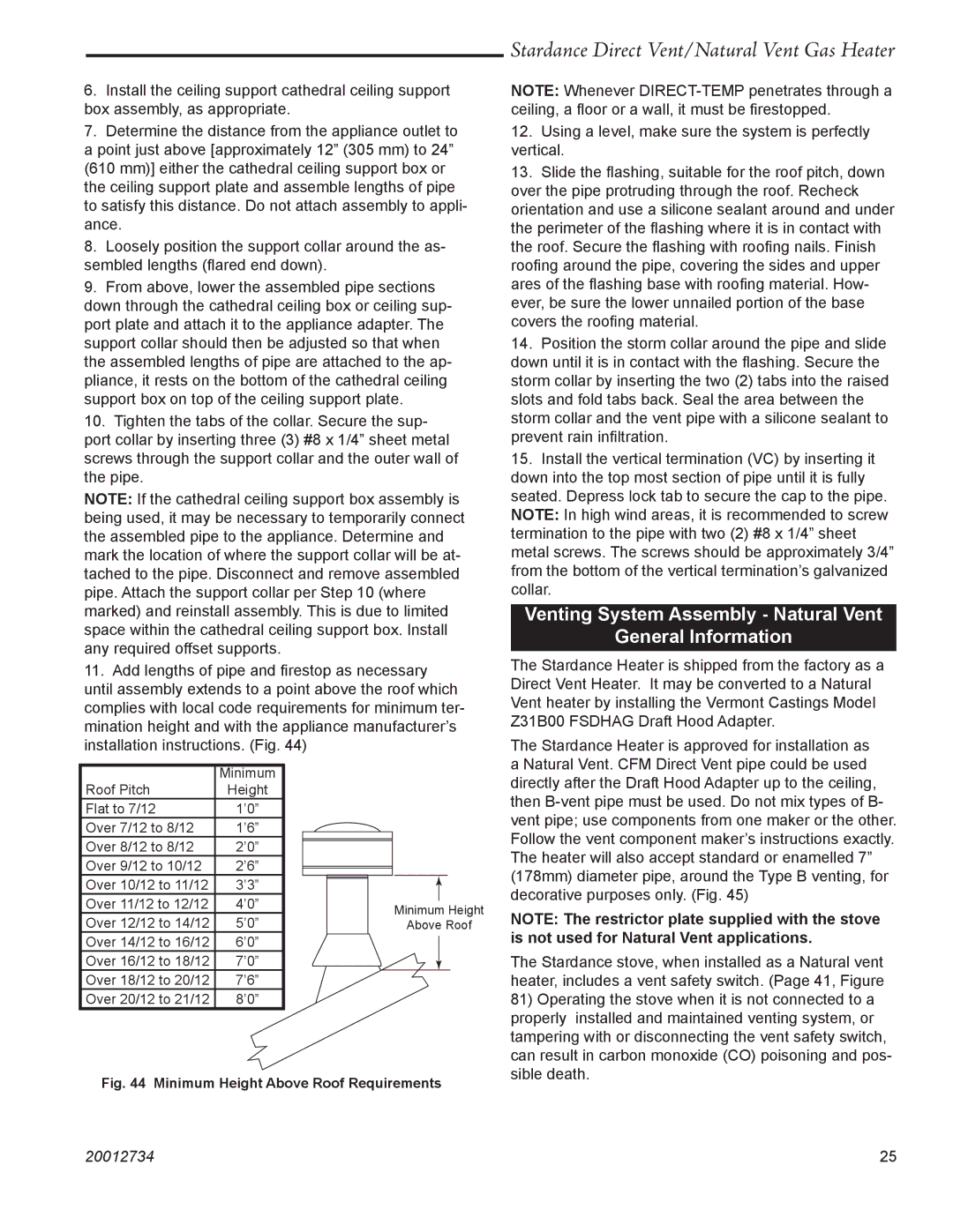 Vermont Casting SDDVT Venting System Assembly Natural Vent General Information, Minimum Height Above Roof Requirements 