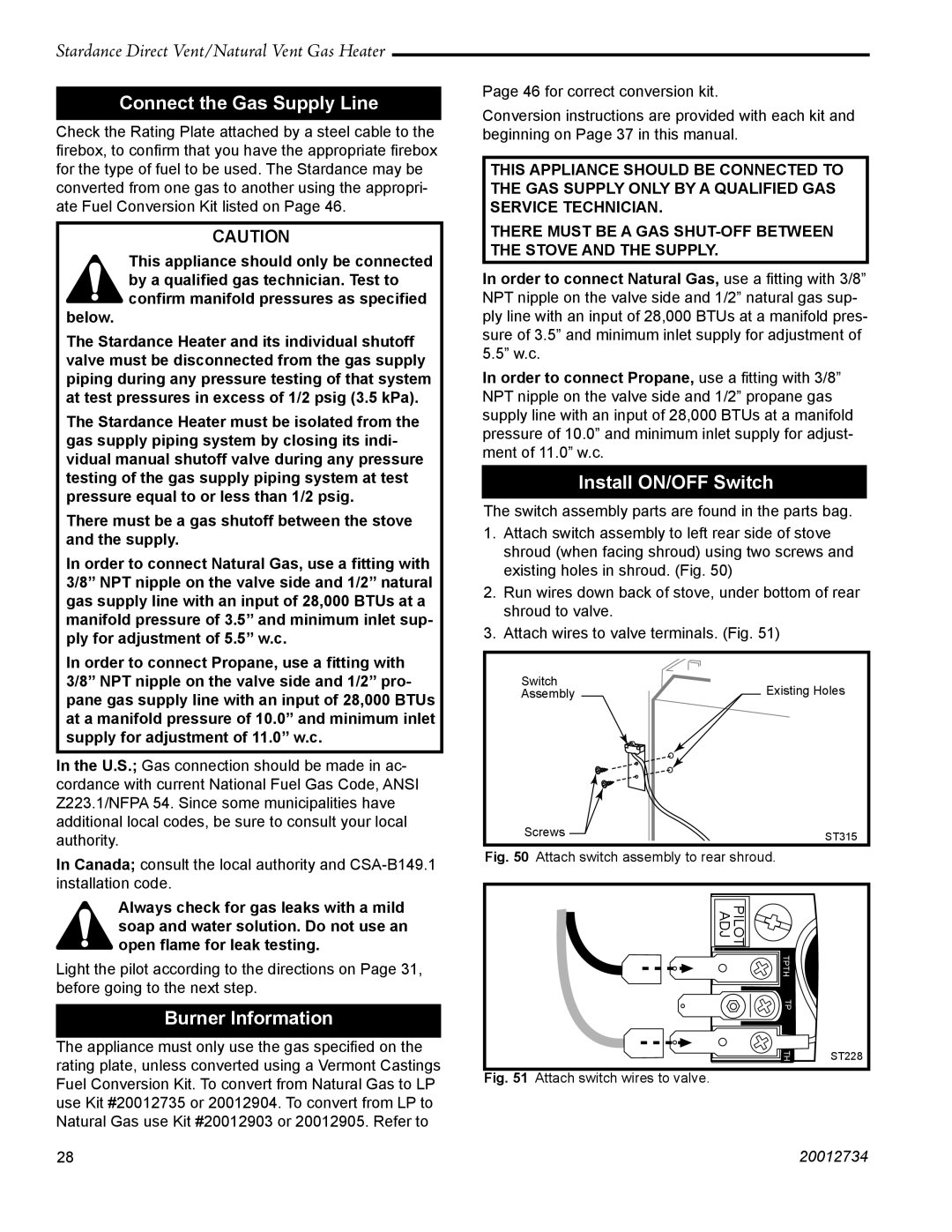 Vermont Casting SDDVT manual Connect the Gas Supply Line, Burner Information, Install ON/OFF Switch 