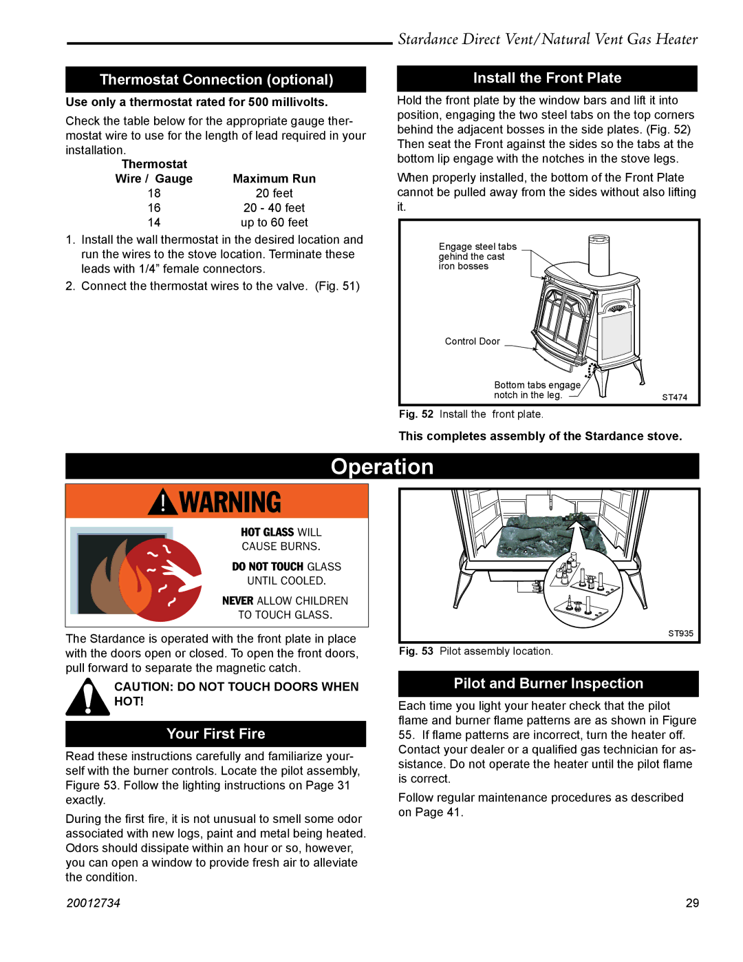 Vermont Casting SDDVT manual Operation, Thermostat Connection optional, Install the Front Plate, Your First Fire 