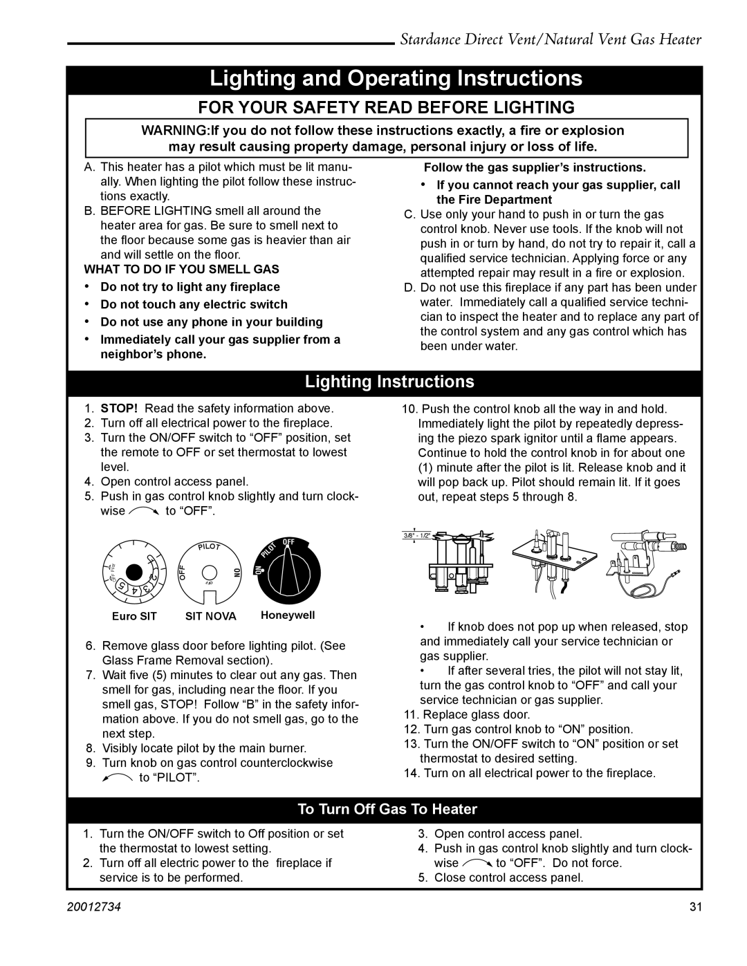 Vermont Casting SDDVT manual Lighting and Operating Instructions, To Turn Off Gas To Heater, Euro SIT, Honeywell 