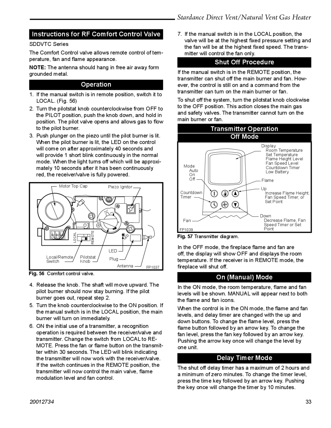 Vermont Casting SDDVT manual Instructions for RF Comfort Control Valve, Operation, Shut Off Procedure, On Manual Mode 