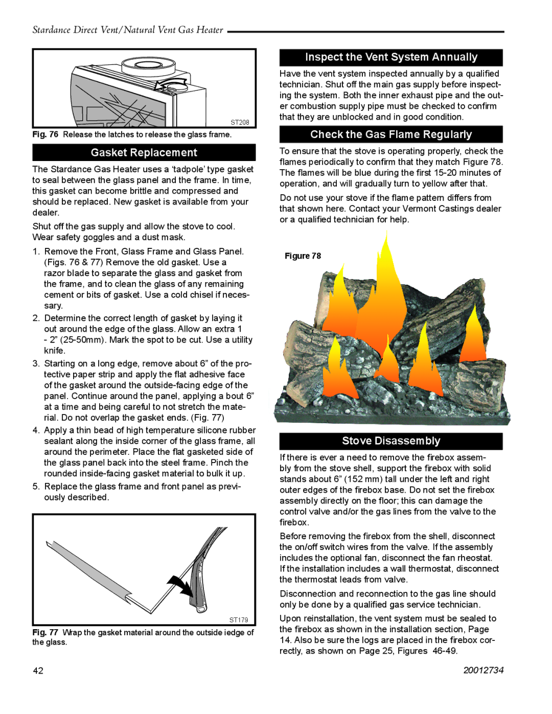 Vermont Casting SDDVT manual Gasket Replacement, Inspect the Vent System Annually, Check the Gas Flame Regularly 