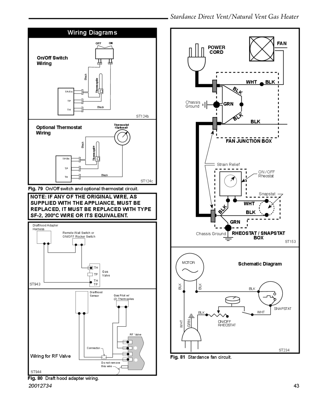 Vermont Casting SDDVT manual Wiring Diagrams, On/Off Switch Wiring, Optional Thermostat Wiring, Schematic Diagram 