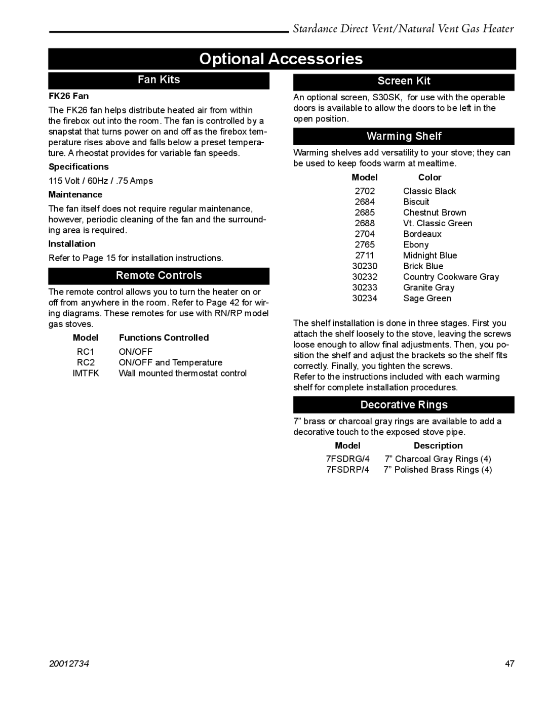 Vermont Casting SDDVT manual Optional Accessories 