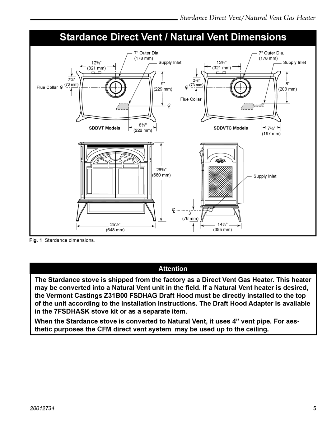 Vermont Casting SDDVT manual Stardance Direct Vent / Natural Vent Dimensions, Stardance dimensions 