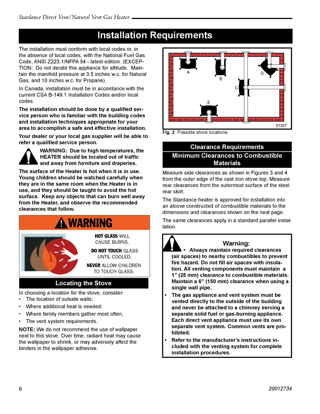 Vermont Casting SDDVT manual Clearance Requirements, Minimum Clearances to Combustible, Materials, Locating the Stove 