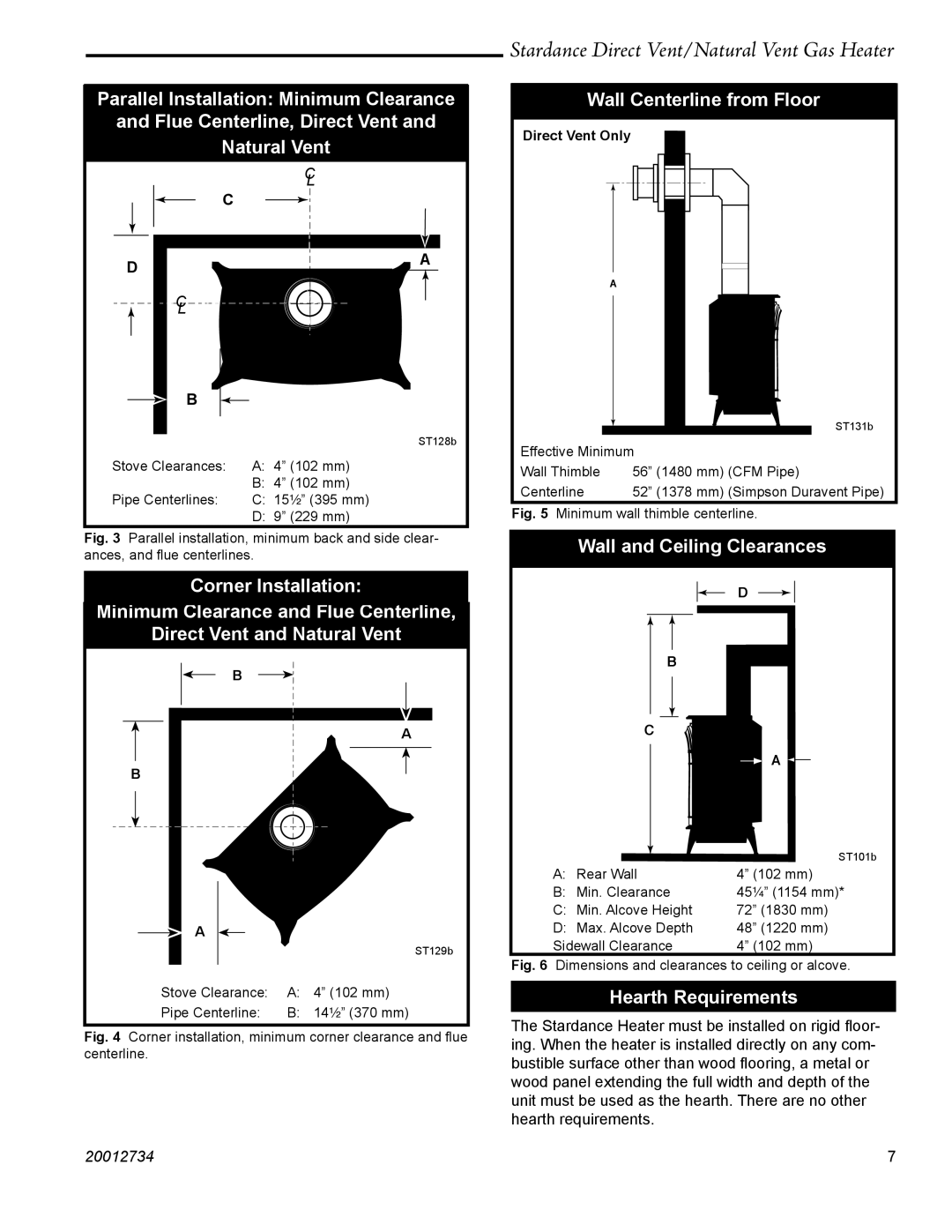 Vermont Casting SDDVT manual Wall Centerline from Floor, Wall and Ceiling Clearances, Hearth Requirements, Direct Vent Only 