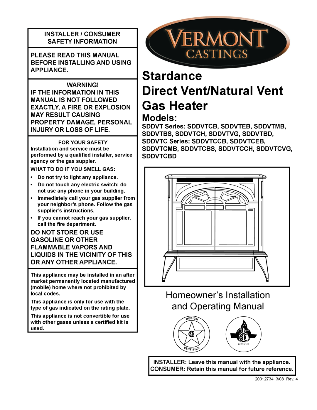 Vermont Casting SDDVT manual Models, Installer / Consumer Safety Information, Do Not Store Or Use 