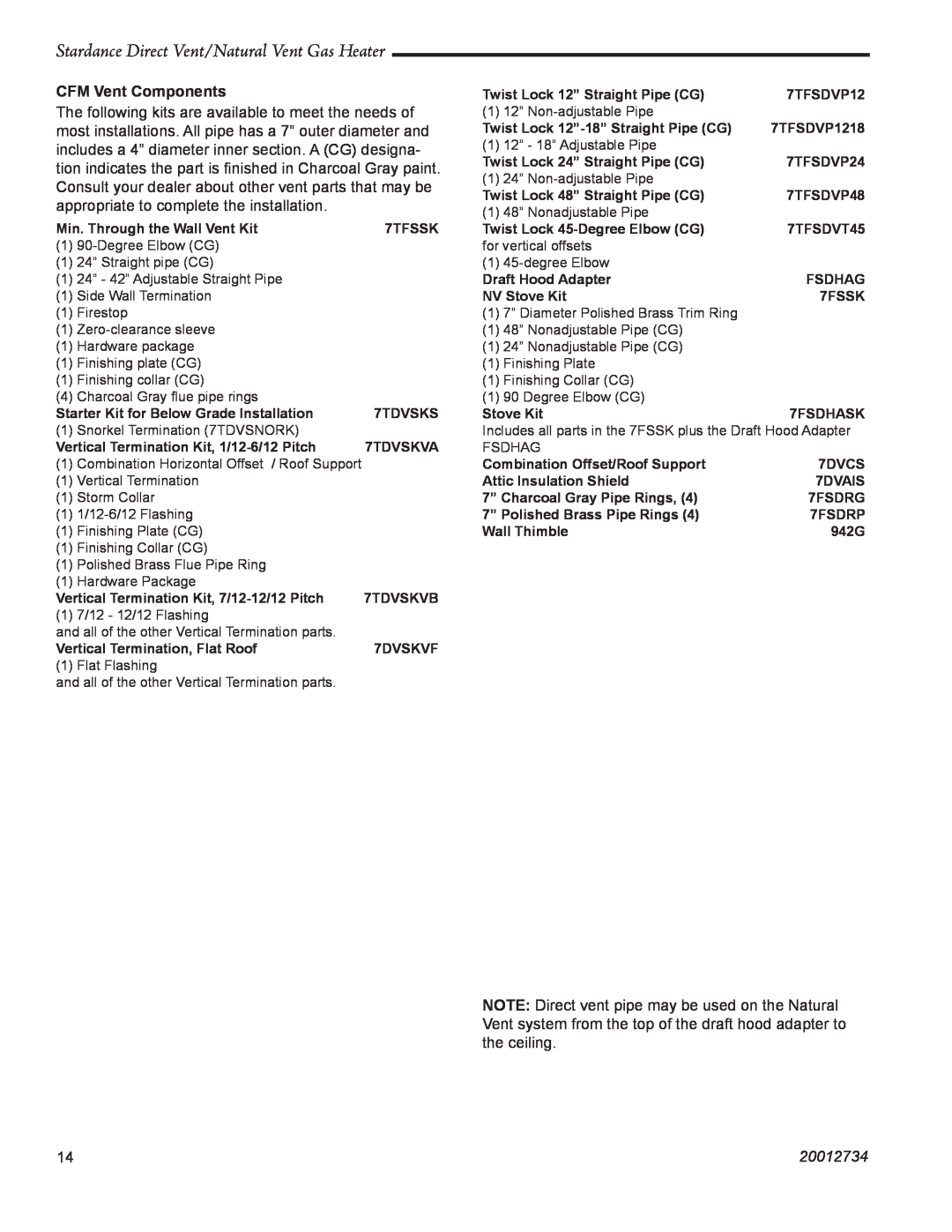 Vermont Casting SDDVT manual Stardance Direct Vent/Natural Vent Gas Heater, CFM Vent Components, 20012734 