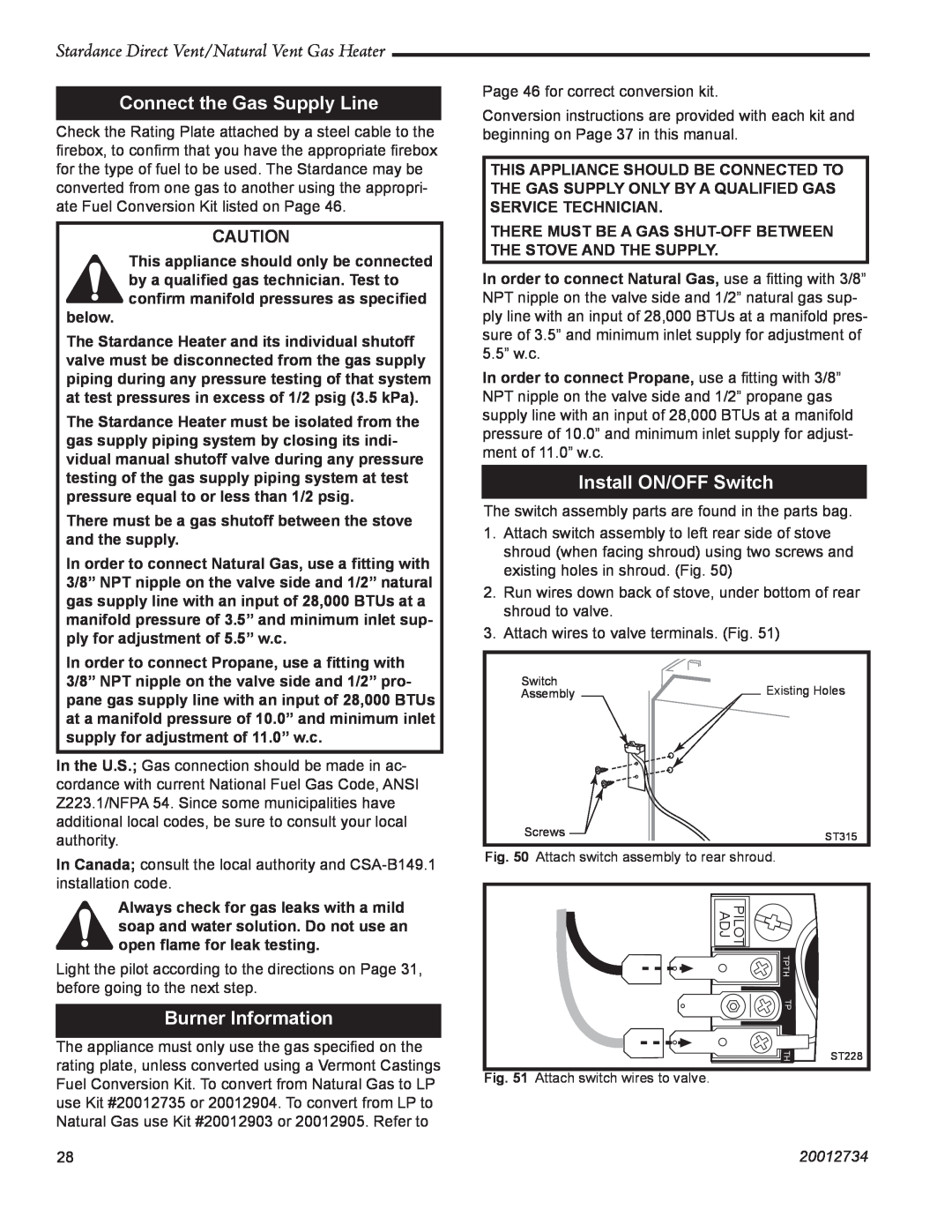 Vermont Casting SDDVT manual Connect the Gas Supply Line, Burner Information, Install ON/OFF Switch, 20012734 