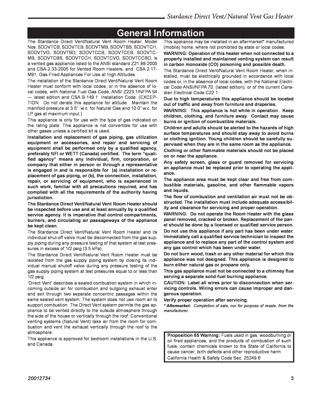 Vermont Casting SDDVT manual General Information, Stardance Direct Vent/Natural Vent Gas Heater, 20012734 